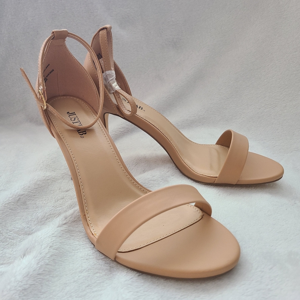Just Fab Sz 8.5 Nude Tan Minimalist Neutral Thin Strap Ankle Strap Open Toe Heel